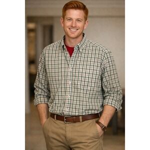 Orvis Men's Large Green Khaki Plaid Button Down Long Sleeve Casual Shirt